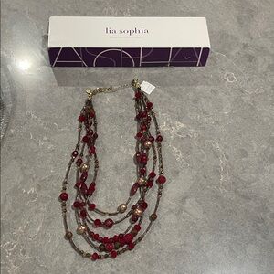 Lia Sophia Multi-Strand Red and Brown Necklace 16-19” Rose Gold tones